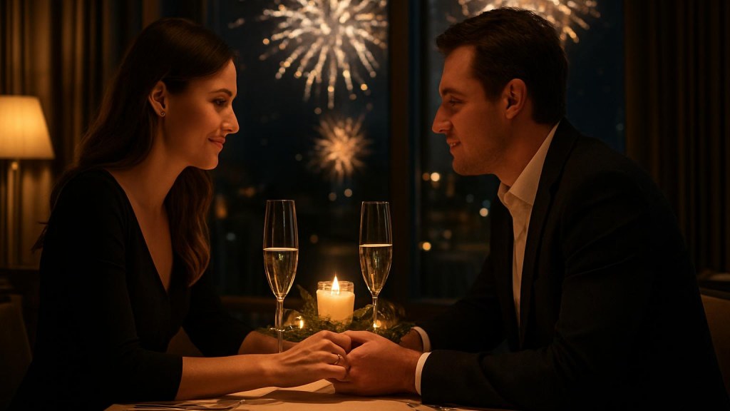 Coppia durante una cena romantica di Capodanno