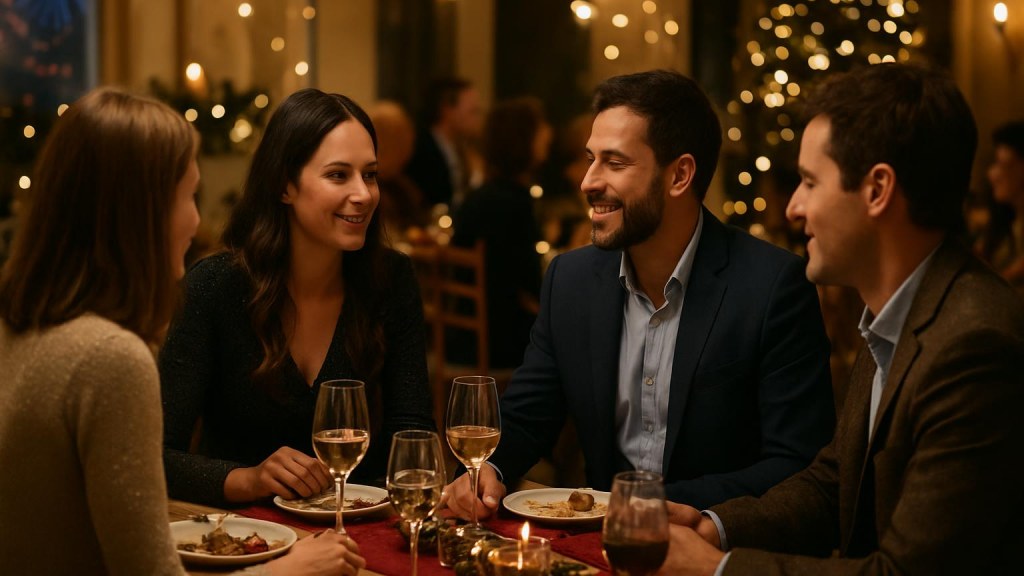 Gruppo di adulti in contesto conviviale per Capodanno